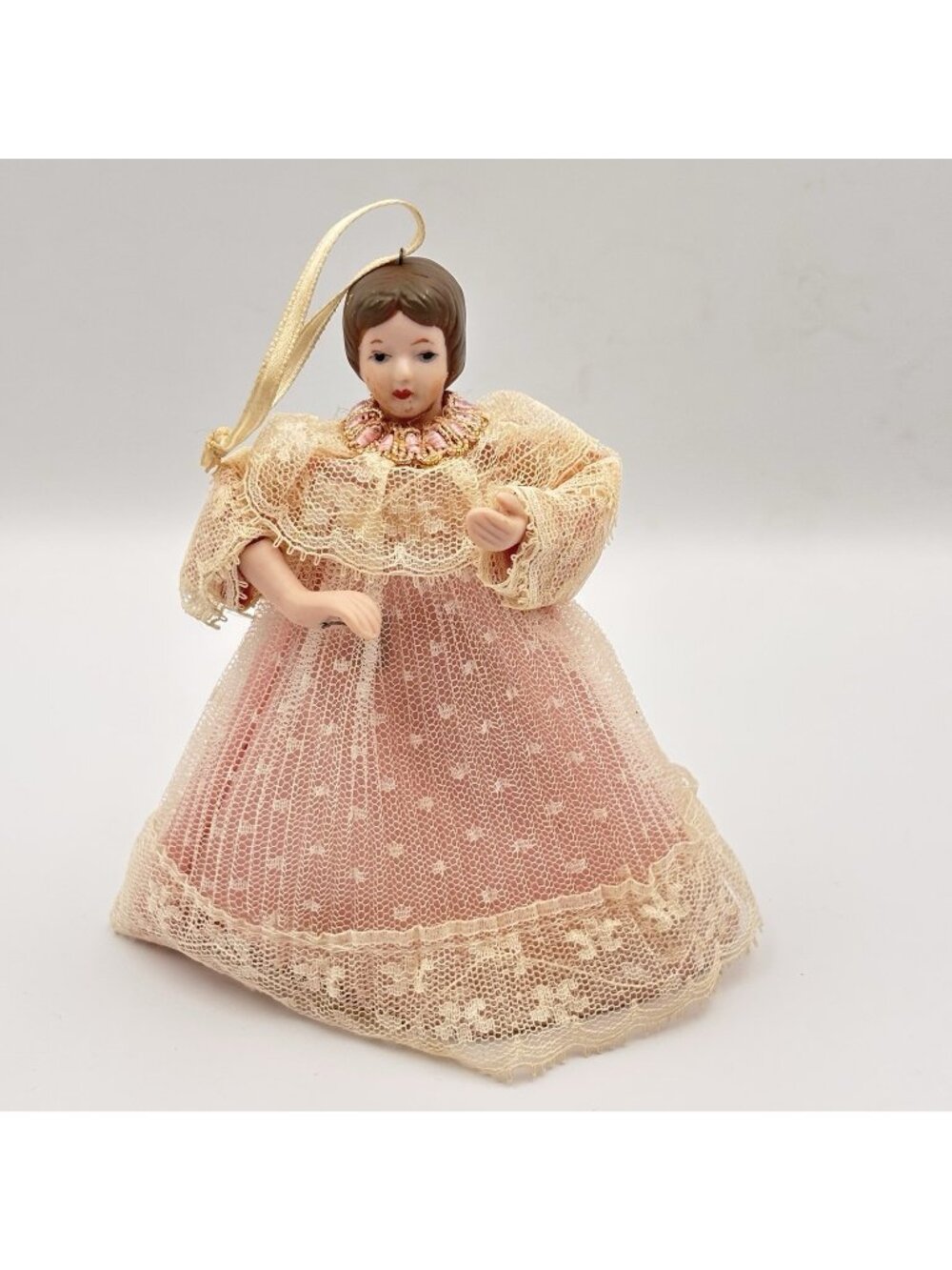 Porcelain Lady Doll Elegant Layered Lace Dress Christmas Ornament Tree Topper 5”